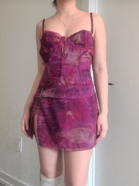 Outcast Bodycon Purple Belt Tie-Dye Lace Corset Lace-Up Mini Dress
